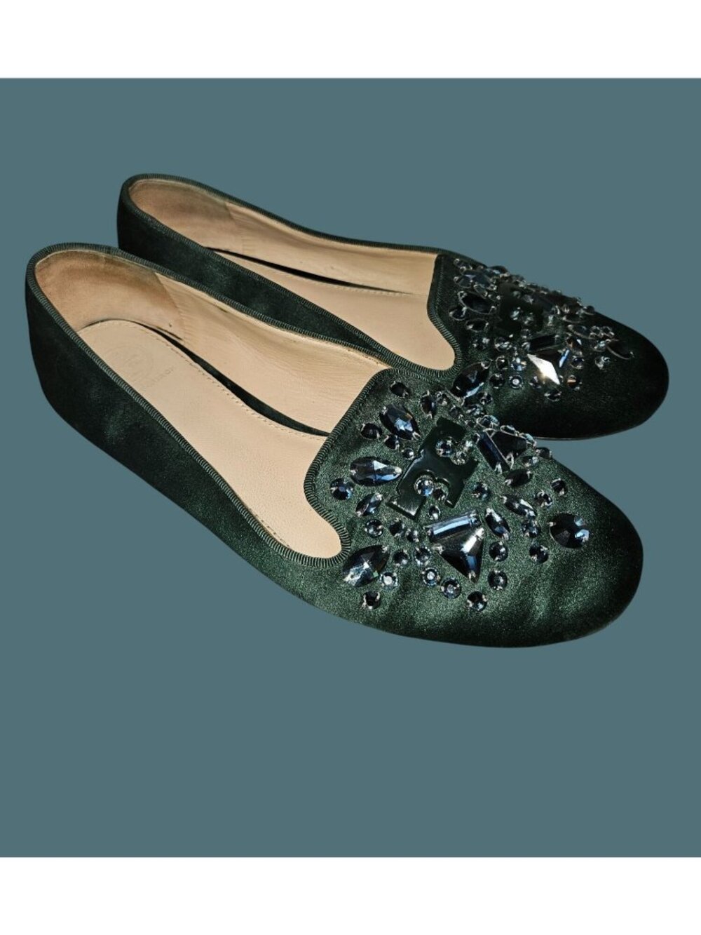 Tory Burch Green Satin Delphine T Logo Embellished Ballet Flats Size 8M - Picture 7 of 14